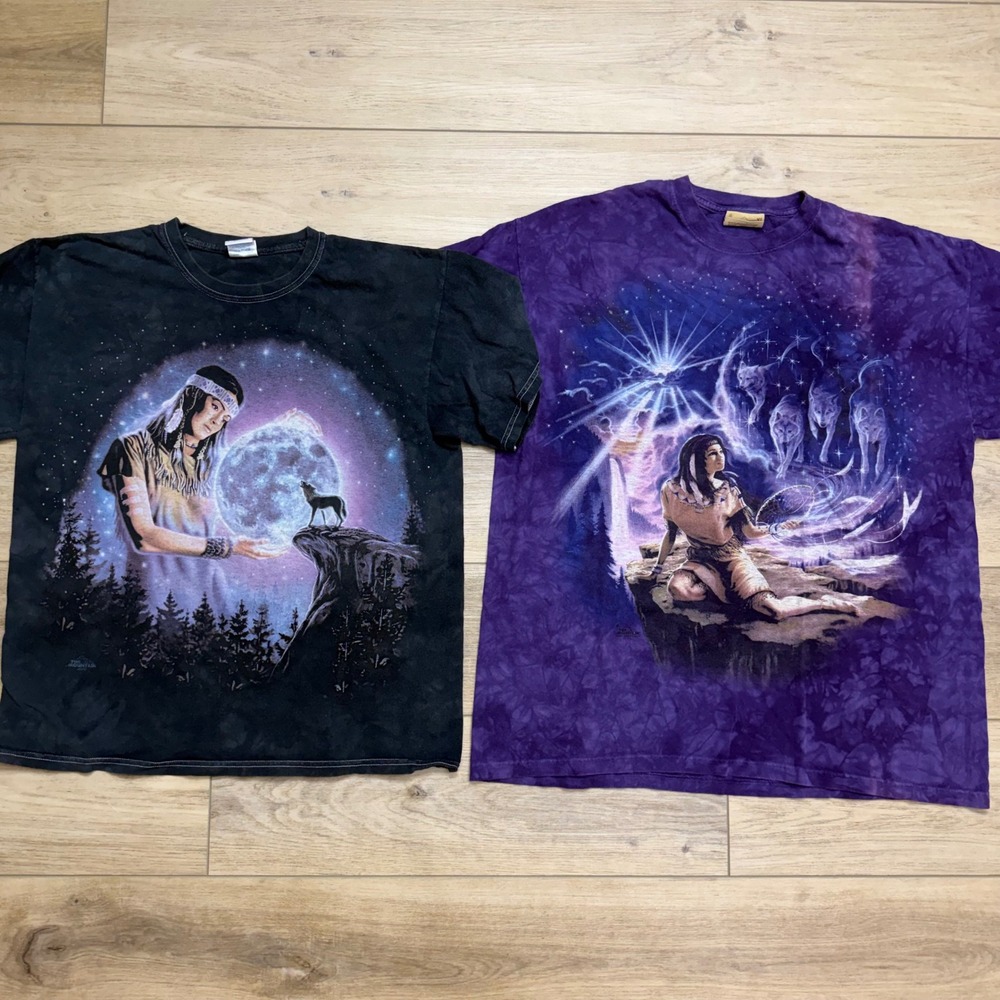 The Mountain Wolf T-Shirt Bundle Vintage Purple Tie Dye & Black Graphic Tee XL L